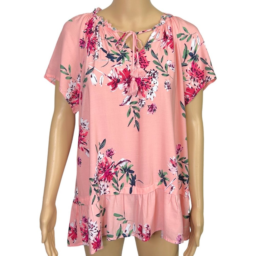 St. Johns Bay Womens L Pink Peach Floral Tassels Short Sleeve Blouse Shirt